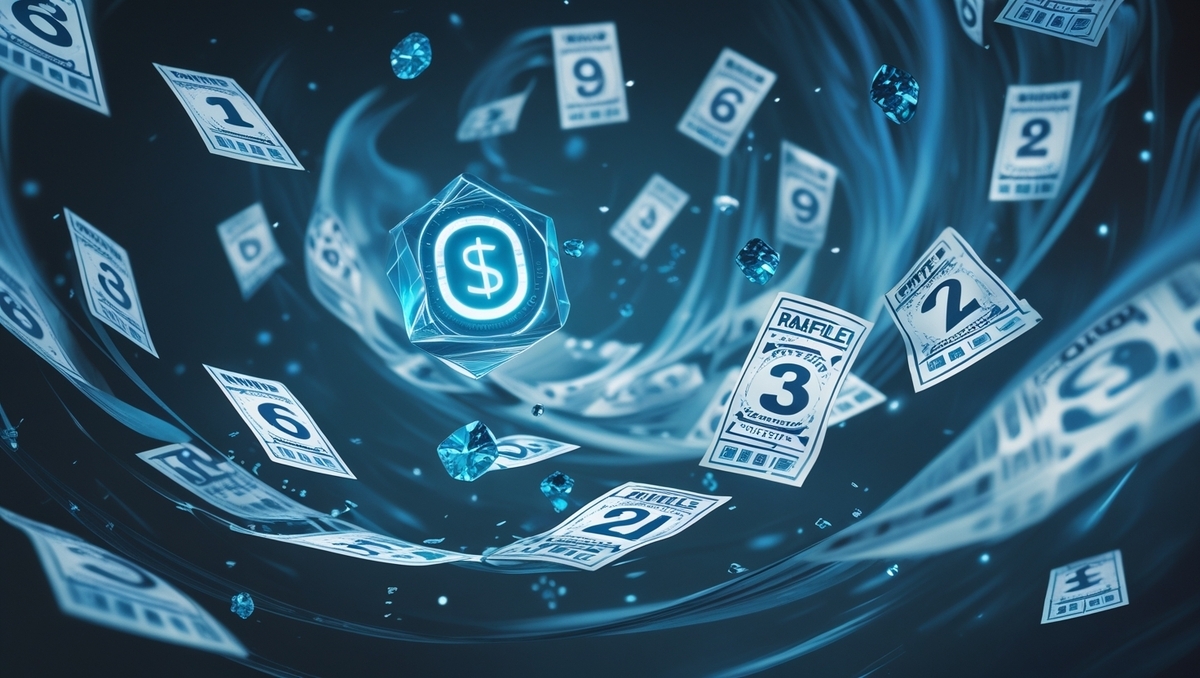 A whirlwind of lottery tickets swirling in a glowing vortex of numbers and hope. A single crystal symbolizing victory gleams at the center, evoking the dream of finally winning the Switch 2 jackpot