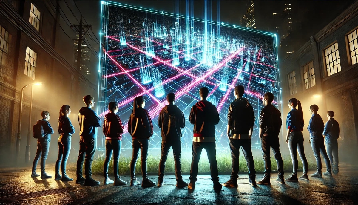 Electrifying anticipation sweeps a united squad of gamers as they face a blazing neon city-grid hologram, hearts pounding with untamed thrill and hope.