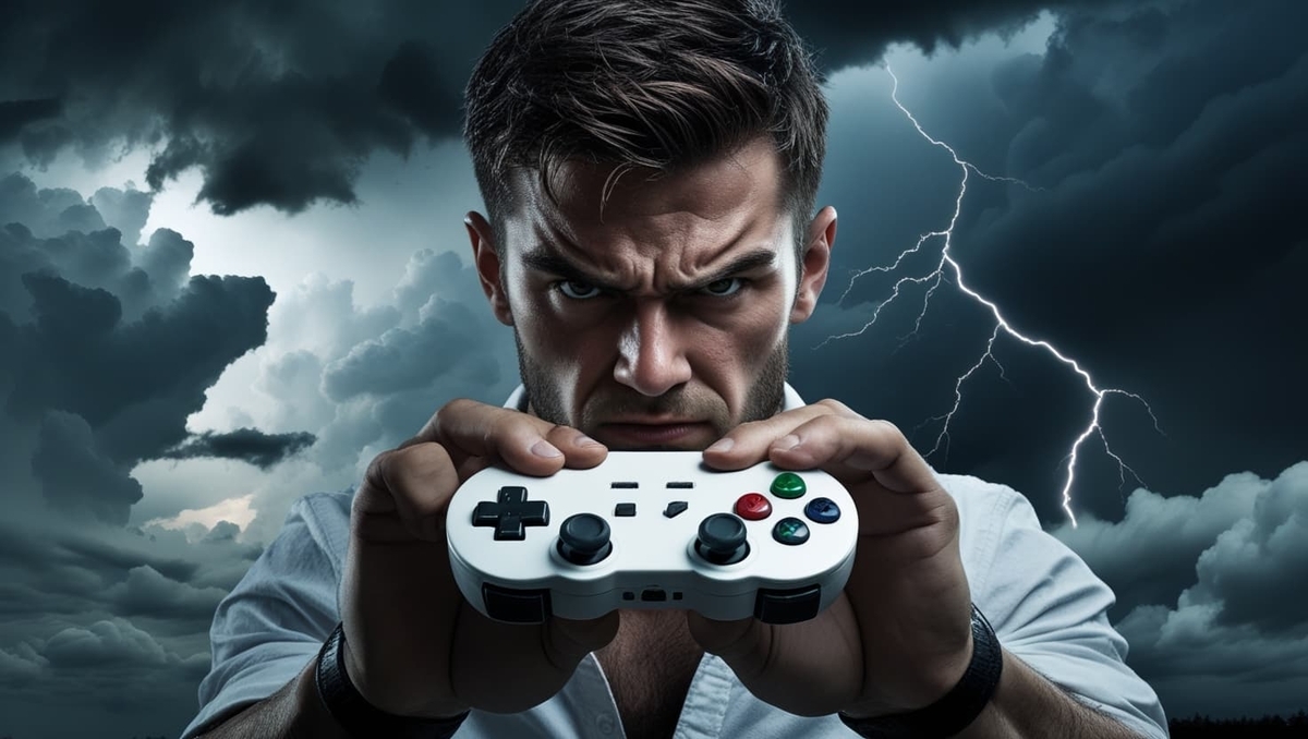 Fierce determination blazes in a storm-lit gamer’s eyes as he thrusts a minimalist controller forward, thunder crackling with righteous fury against scalper chaos.