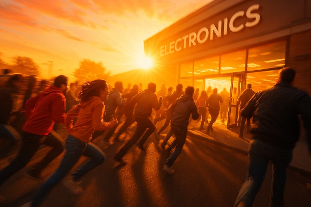 Adrenaline-charged dawn dash: a surge of eager shoppers sprints toward a glowing electronics store, sunrise igniting urgent hope and pulse-pounding excitement.