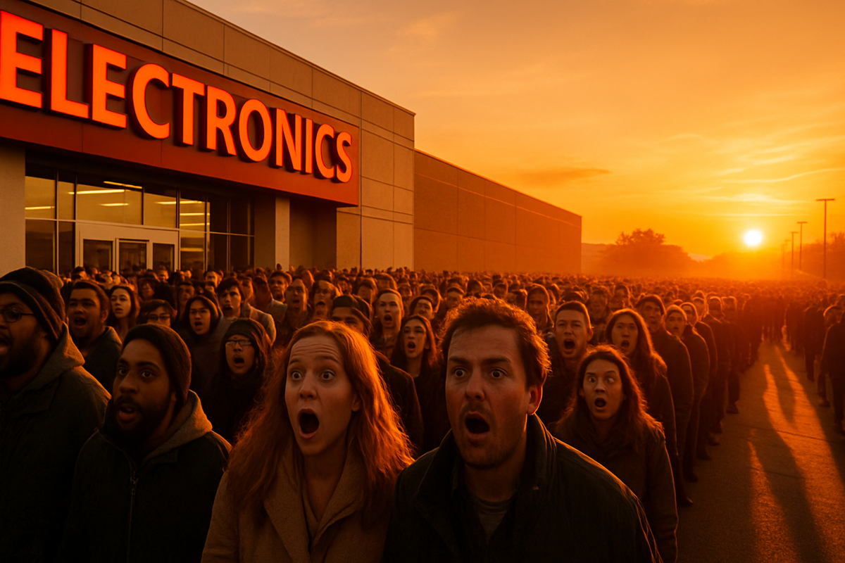Jaw-dropping sunrise shock: a sea of stunned shoppers stretches to the horizon outside an electronics store, eyes wide with electrifying awe and urgent anticipation.”