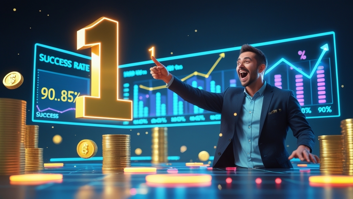 Triumphant joy radiates from a winner pointing at a golden number one, surrounded by glowing coins and success graphs peaking above 90%—a moment of thrilling data victory.