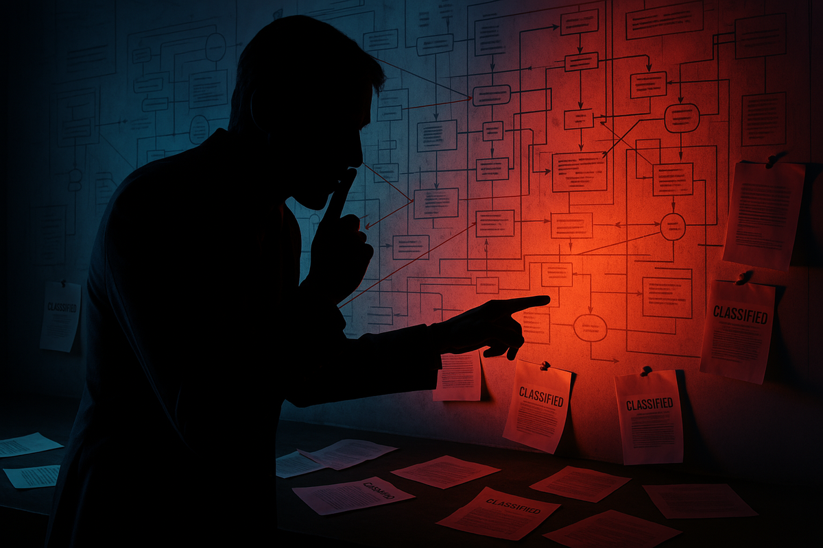 Thrilling hush of discovery: a shadowy analyst presses a finger to his lips while pointing at a glowing red flow-chart of classified data, pulse-pounding intrigue revealing a secret 6 : 30 AM sales algorithm.