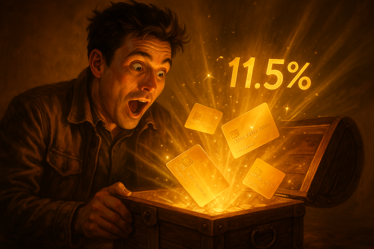 A stunned treasure hunter kneels before a radiant chest spilling golden cards and a dazzling 11.1%—the shock of financial victory made real
