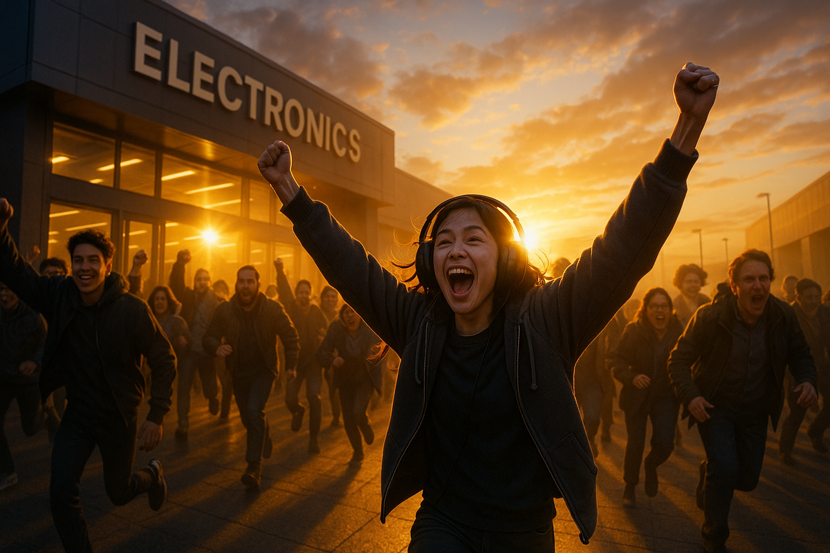 Epic sunrise rush outside an electronics store—triumphant young gamer with headphones leads a cheering crowd, golden light exploding behind them in a thrilling, heart-pounding victory moment.