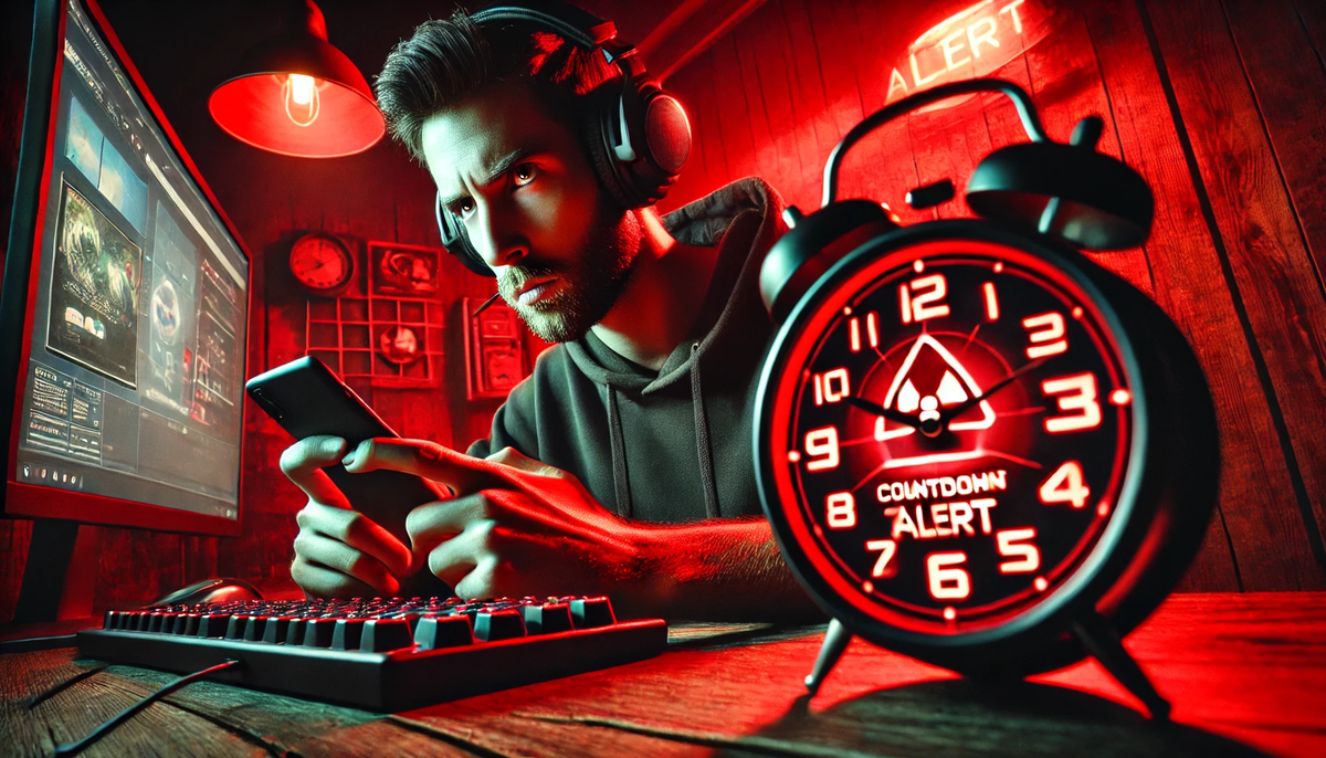 Intense red-alert countdown scene: determined gamer clutches phone as a blazing crimson clock screams danger, flooding the room with electrifying, heart-racing urgency.