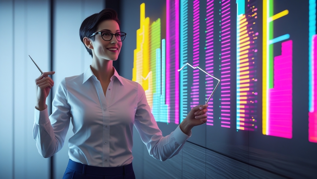 Visionary analyst beams with excitement, unveiling vibrant neon bar charts that soar sky-high, igniting a surge of confident, breakthrough energy.