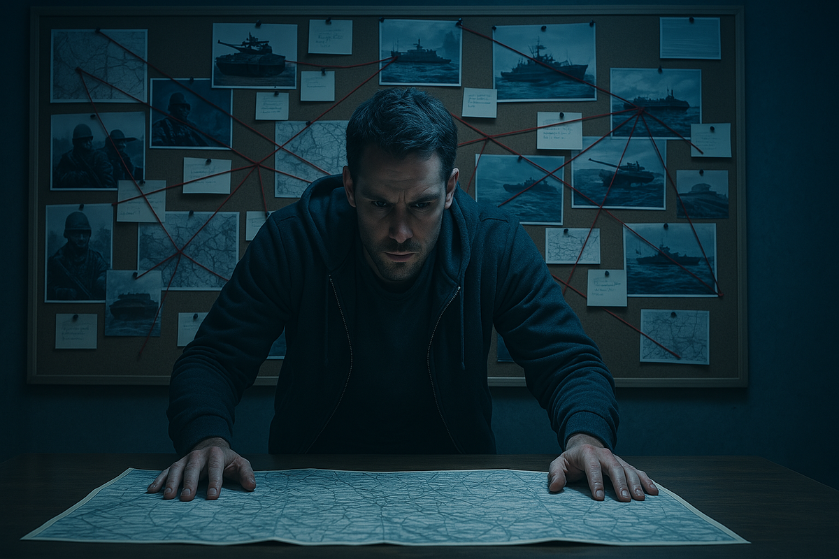 Adrenaline-charged war-room moment: laser-focused strategist hovers over a map while crimson threads criss-cross a shadowy board, radiating relentless, high-stakes determination.