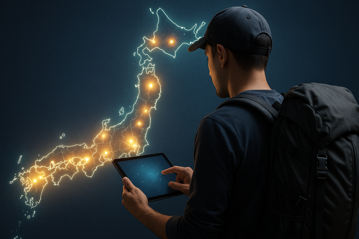 Thrill-seeking explorer consults a glowing hotspot map of Japan on his tablet, golden pulses igniting wanderlust and electrifying anticipation for the ultimate store victory.