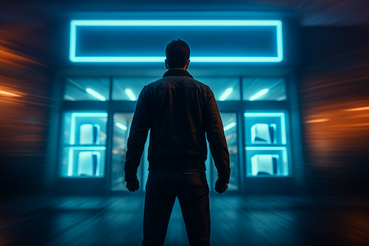 Edge-of-your-seat anticipation—determined figure stands before a neon-lit storefront brimming with glowing next-gen console silhouettes, heart pounding with fierce resolve.
