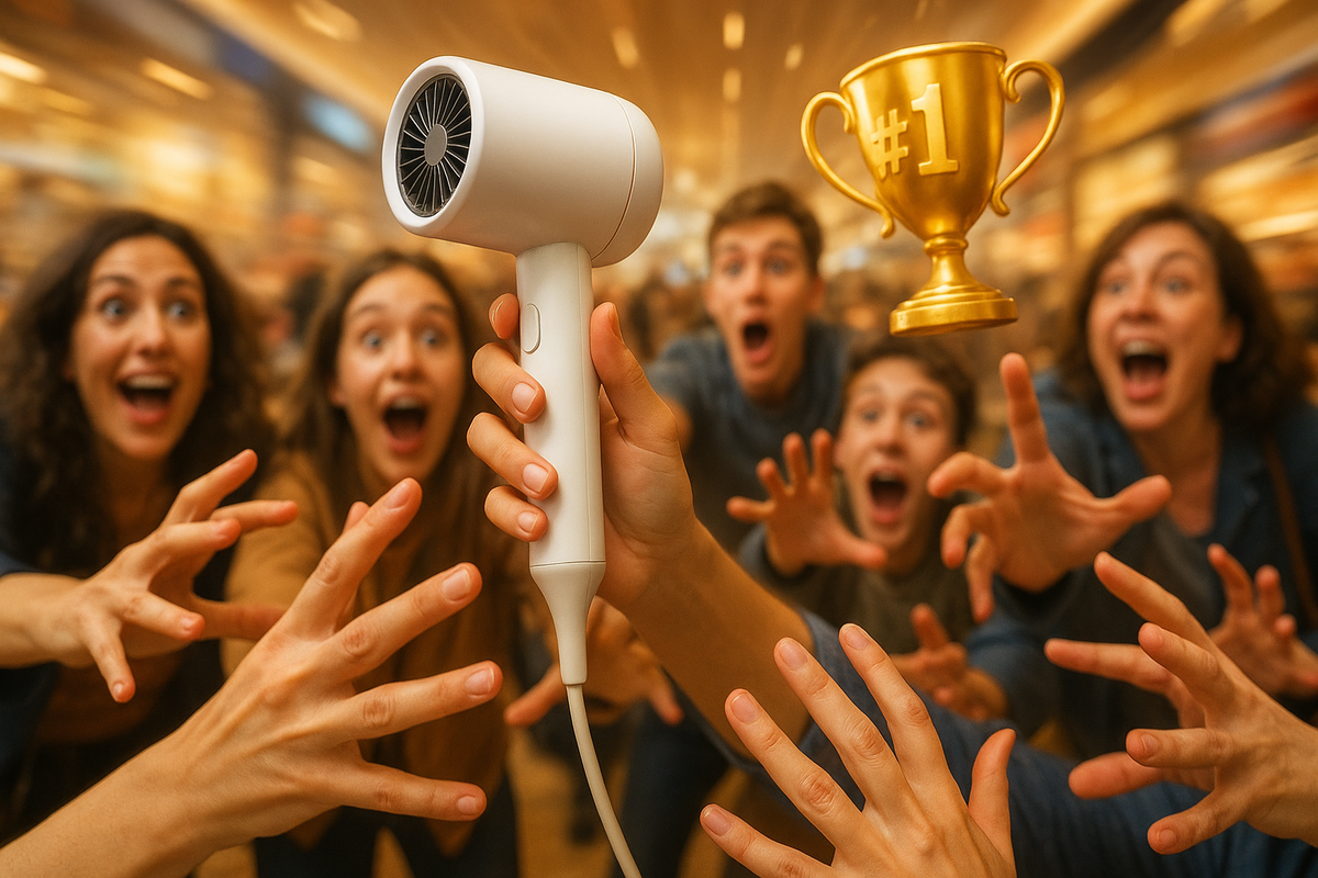 A crowd goes wild reaching for the #1 Bright Shower Dryer—faces filled with excitement, awe, and desire. The top-rated beauty gadget that’s redefining hair care in 2025 is finally here!