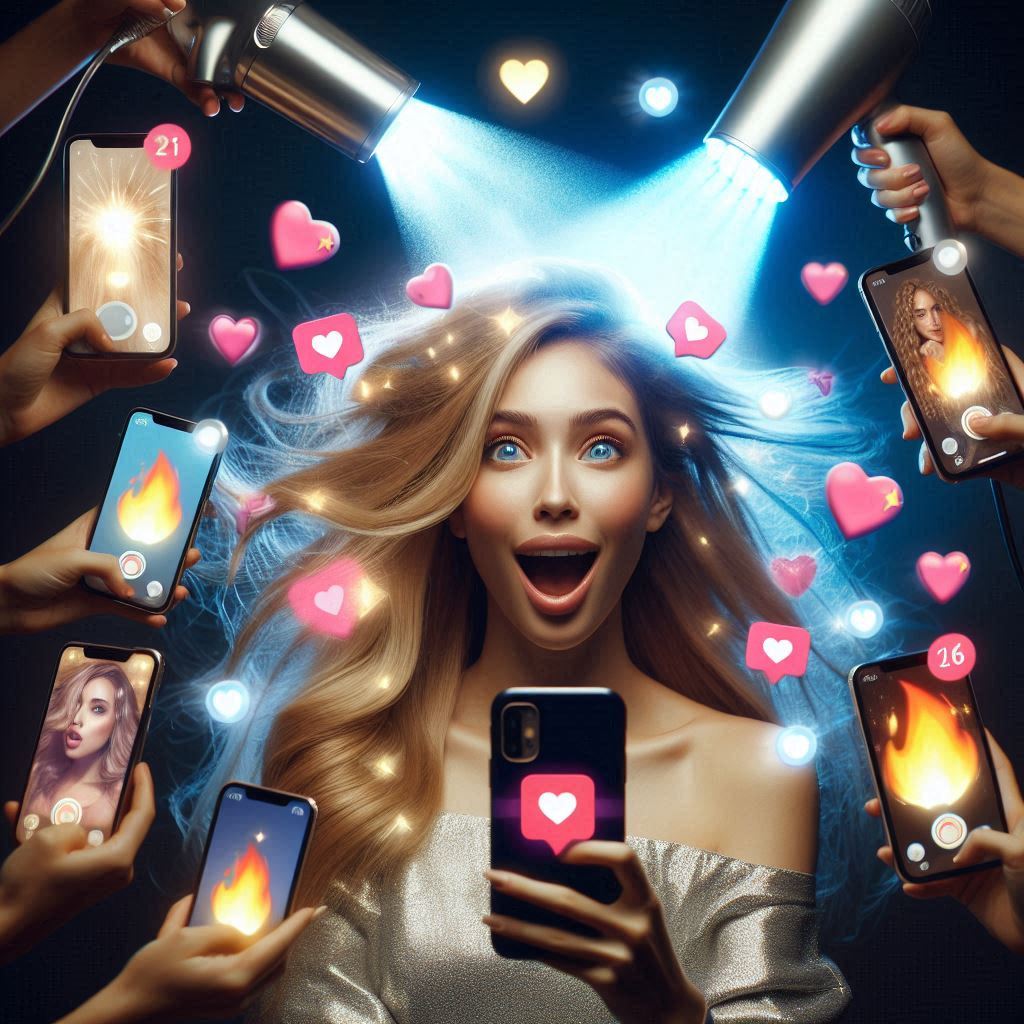 Blown away by beauty! A viral hair moment captured—as the futuristic mist dryer transforms her hair into shimmering waves, hearts and likes explode across the screen. Social buzz, sleek shine, and pure joy in one unforgettable snapshot