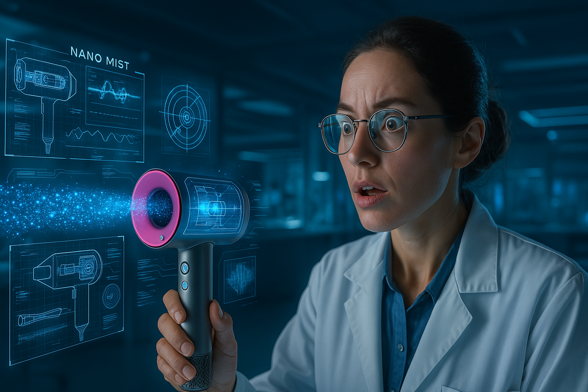 Cutting-edge meets beauty—A stunned scientist witnesses the breakthrough power of nano mist technology in a next-gen hair dryer. Awe, innovation, and future beauty collide in one breathtaking moment."