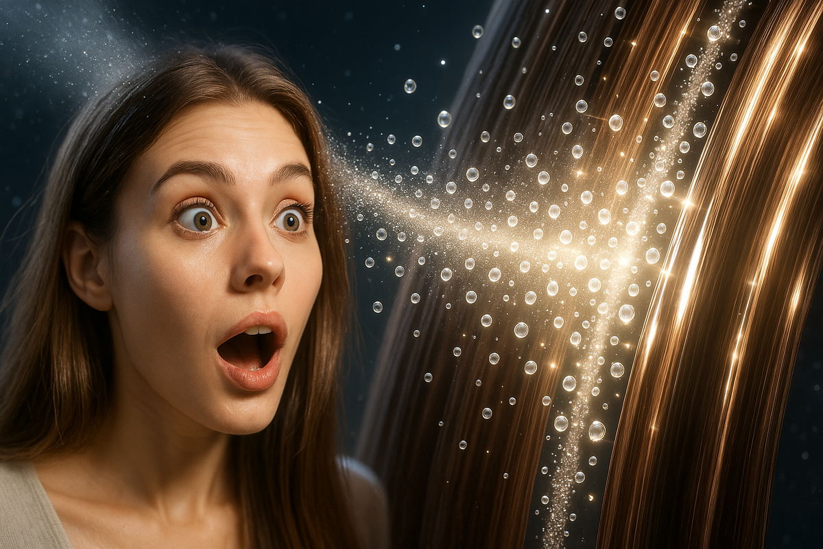 A jaw-dropping transformation—shimmering nano mist particles infuse dry strands, revealing dazzlingly smooth, radiant hair. Her wide-eyed wonder captures the magic of next-gen hair care technology