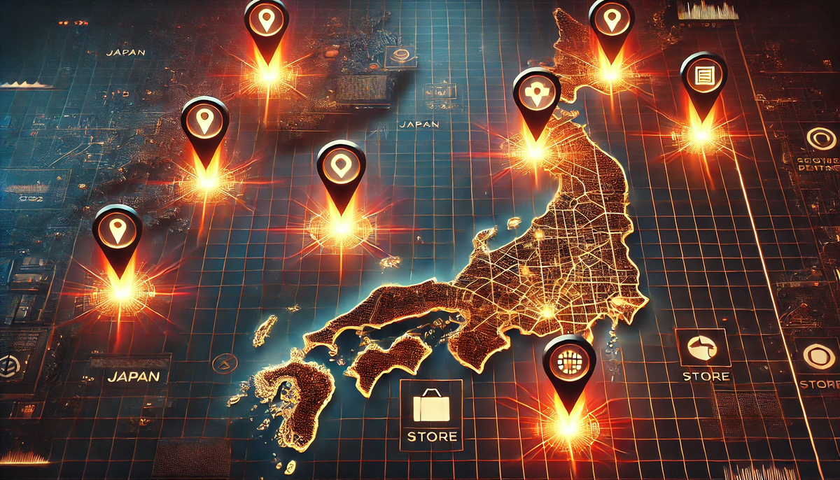 Vibrant digital map of Japan lit up with glowing store markers, visualizing hidden hotspots where lucky shoppers score their dream console — a surge of anticipation and discovery across the nation.