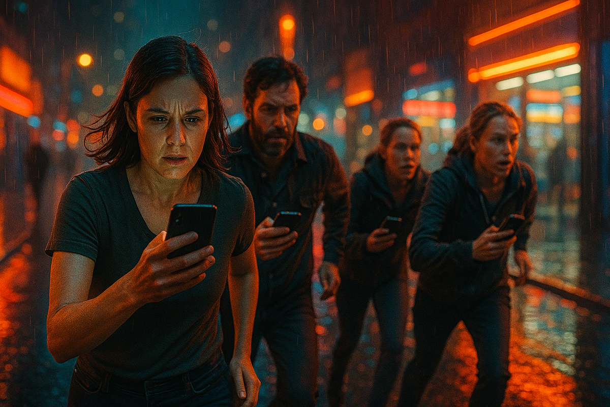Intense determination and urgency as a group of people race through neon-lit city streets, checking their smartphones in the rain, driven by hope and desperation to secure a rare product in real time.