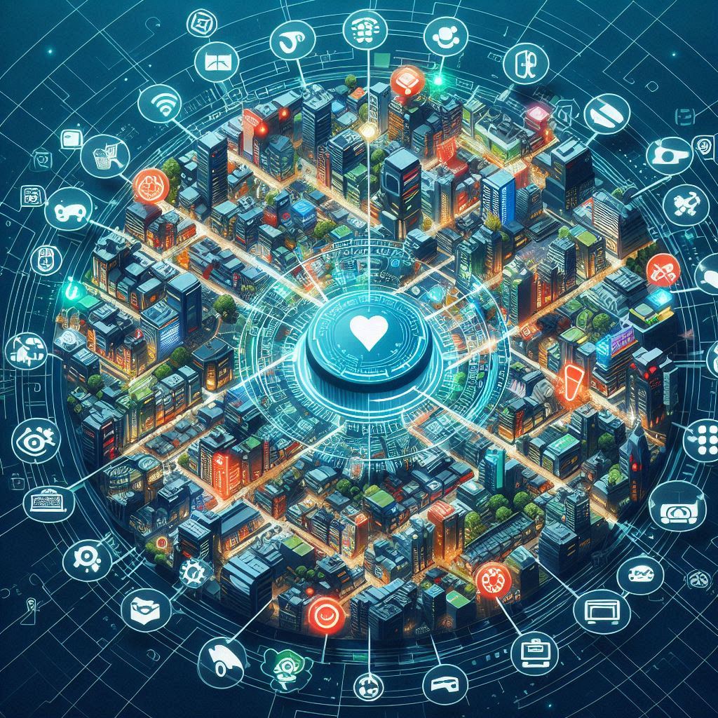 A vibrant digital city map bursting with excitement and hope, glowing with a heart at the center, radiating energy and anticipation as if every street leads to a new discovery. The image captures the thrilling feeling of searching for the perfect opportunity in a bustling Japanese city.