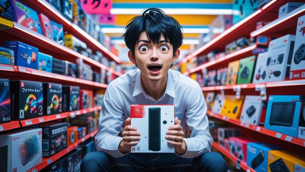 A young man in a vibrant Japanese electronics store, his face exploding with pure joy and astonishment as he finally holds a brand-new Nintendo Switch 2 box. The scene radiates excitement, happiness, and the unforgettable thrill of a long-awaited discovery.