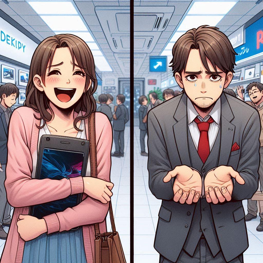 A dramatic split-screen in a Japanese electronics store: on the left, a woman beams with pure joy and relief as she hugs her newly purchased console, radiating happiness and triumph; on the right, a disappointed man in a suit stands empty-handed, his face filled with frustration and regret. The scene captures the intense emotional contrast of success and failure, evoking empathy, anticipation, and the thrilling unpredictability of chasing rare opportunities.