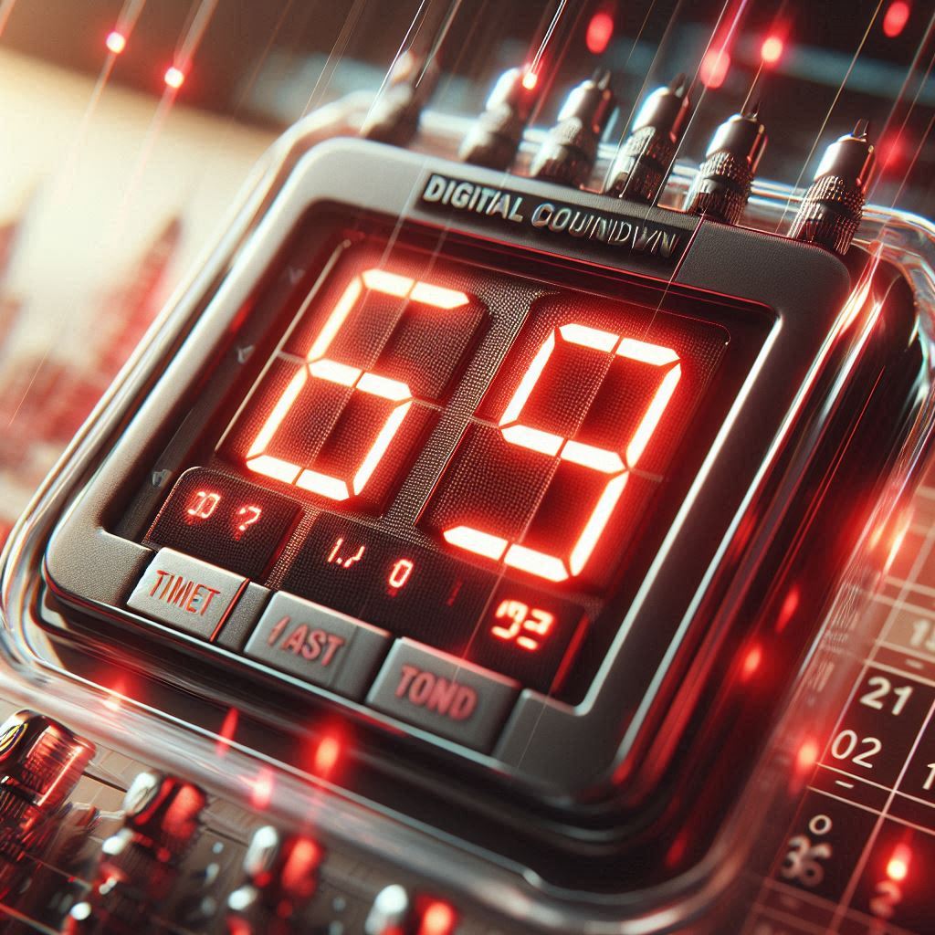 Alt: A dramatic close-up of a futuristic digital countdown timer glowing in intense red, surrounded by sparks of urgency, anticipation, and a sense of last chance