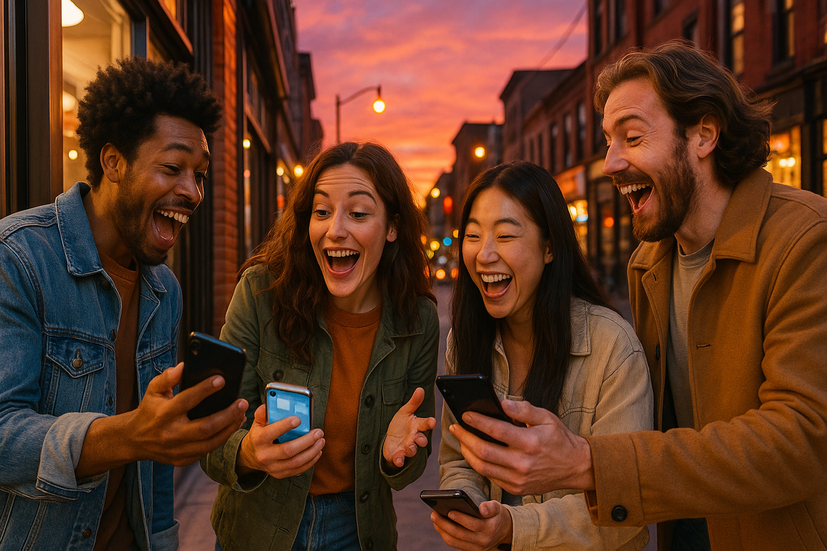 A group of friends bursting with excitement and joy as they check their smartphones together on a vibrant city street at sunset, capturing the thrill, connection, and happiness of a real-time surprise moment