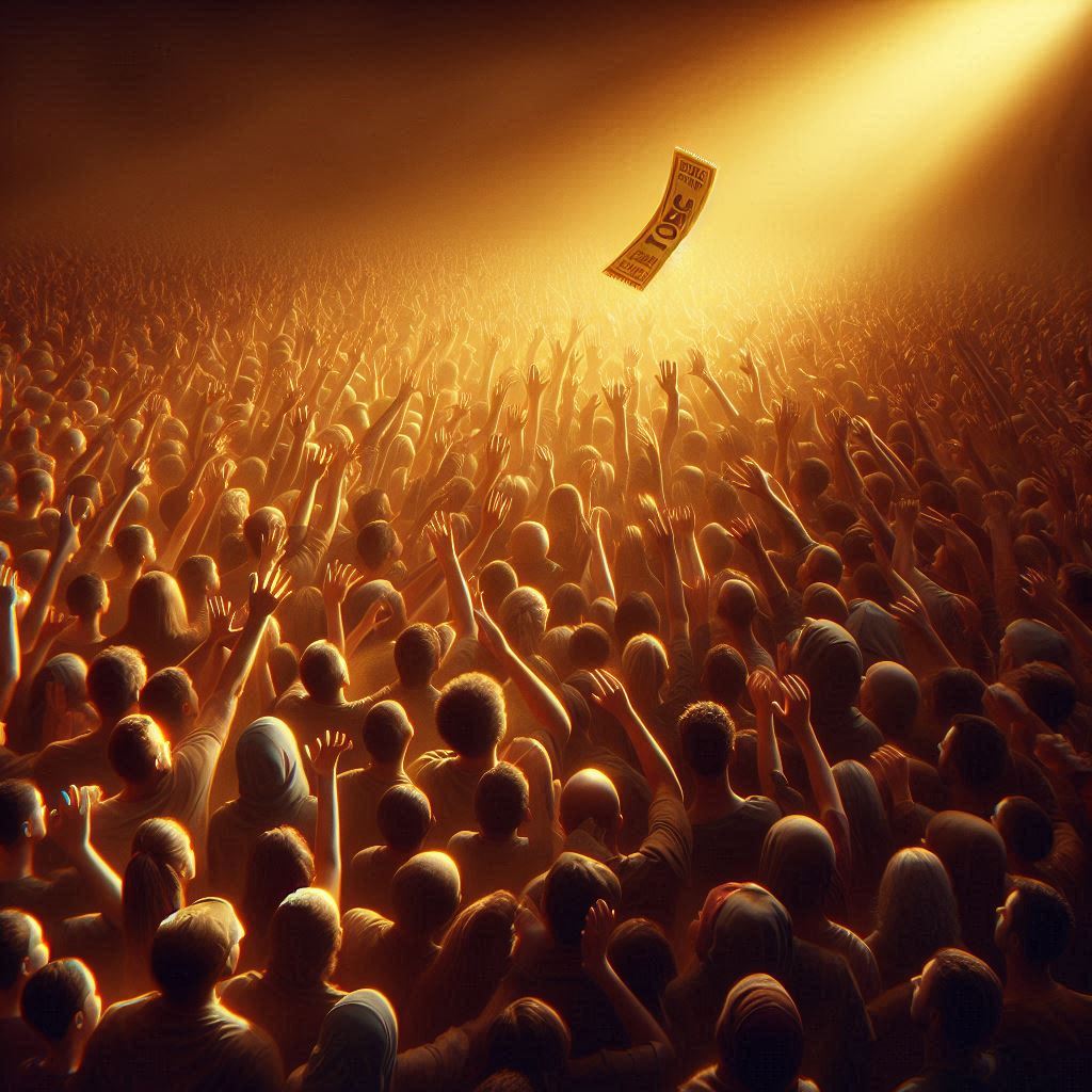 A vast crowd of people stretching out their hands, desperate and hopeful, as a single golden ticket floats under a dramatic spotlight. Intense emotion, anticipation, and tension fill the scene, representing the dream and excitement of a high-stakes lottery moment. Cinematic, emotional, 16:9, no brands.