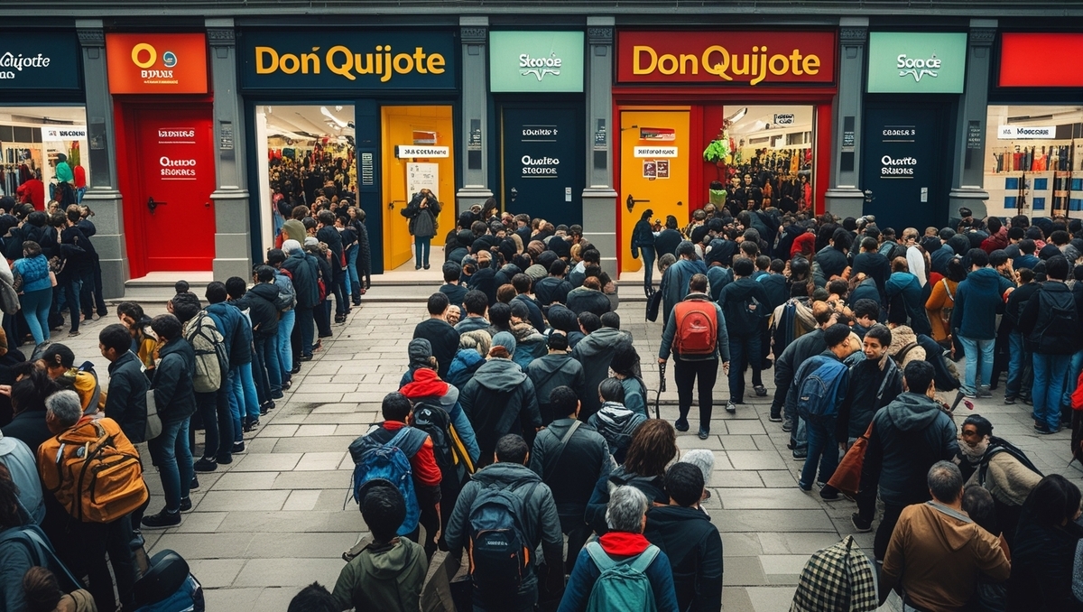 A massive, emotional crowd of diverse people lining up outside generic electronics stores, all waiting for a limited lottery. Faces show intense anticipation, hope, and tension. The long queue snakes toward brightly lit entrances, everyone clutching tickets or phones, desperate for their chance. Cinematic lighting, dramatic perspective, no visible brands, vivid atmosphere of excitement and anxiety, 16:9.