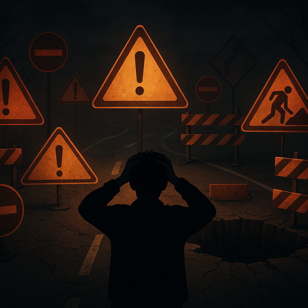 A worried, stressed person stands at night on a cracked road blocked by multiple glowing warning signs, barriers, and a giant pitfall. The atmosphere is heavy with fear, frustration, and confusion. Moody lighting, high emotional tension, cinematic style, no brands, 16:9.