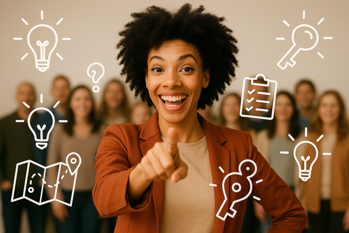 A cheerful, confident woman points at the camera with a big smile, surrounded by glowing icons of keys, checklists, maps, and light bulbs, symbolizing inspiration, teamwork, discovery, and new opportunities. Warm tones, high energy, emotionally uplifting, no brands, 16:9.