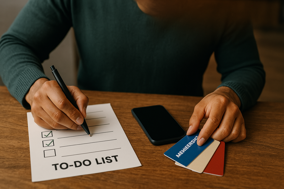 A determined person checking off tasks on a to-do list while preparing membership cards, filled with a sense of purpose, anticipation, and motivation, perfectly capturing the uplifting spirit of preparation, proactive planning, and the satisfaction of getting ready for something important.