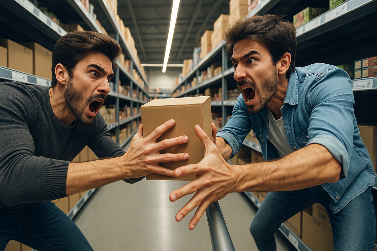 Two men fiercely competing over a single box in a store aisle, their faces filled with intense desperation, tension, and raw desire. The gripping moment captures the urgency, conflict, and emotional drama of a high-stake