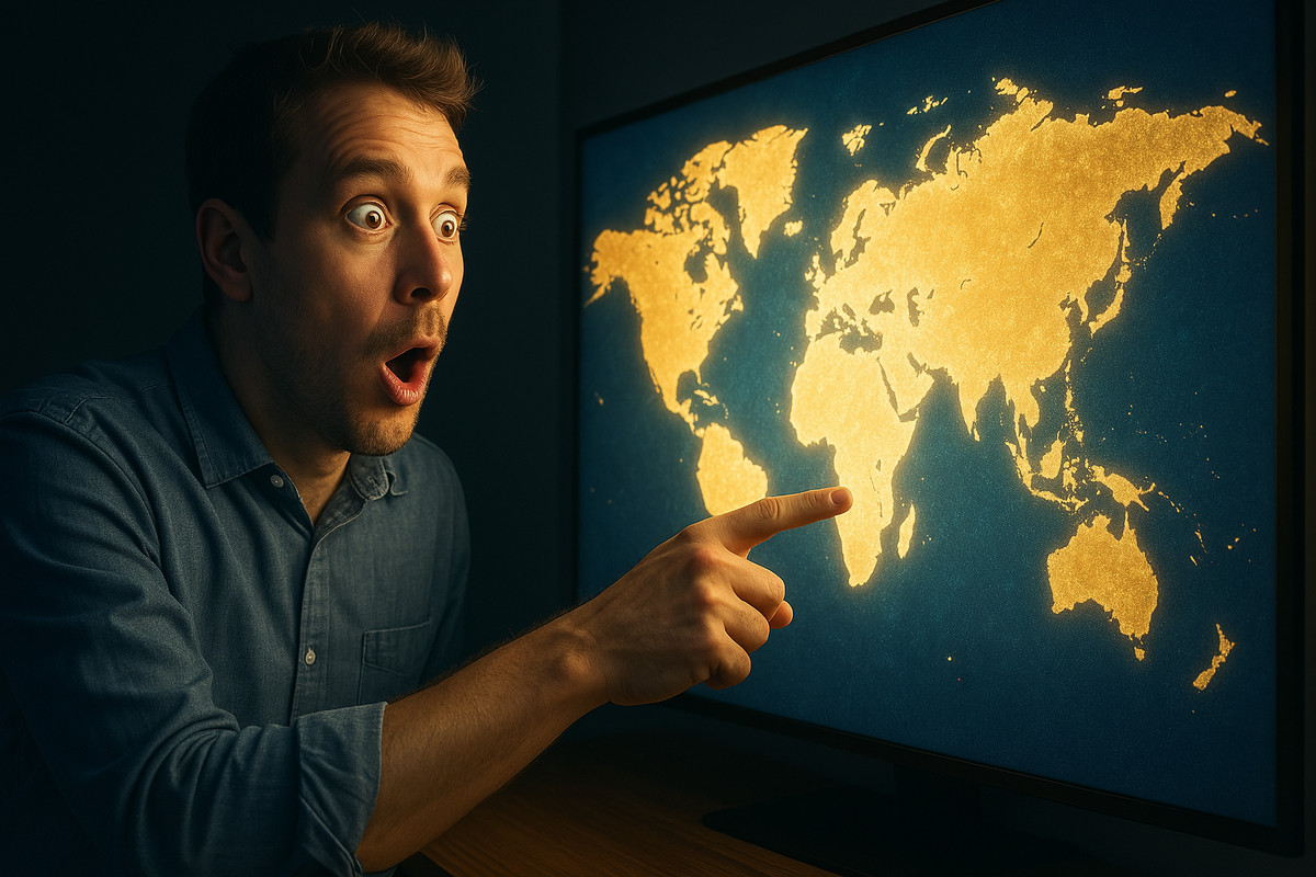 A man gazing at a glowing world map with wide-eyed astonishment, pointing in awe and excitement. The scene captures a powerful moment of discovery, curiosity, wonder, and emotional surprise, sparking a sense of global adventure.