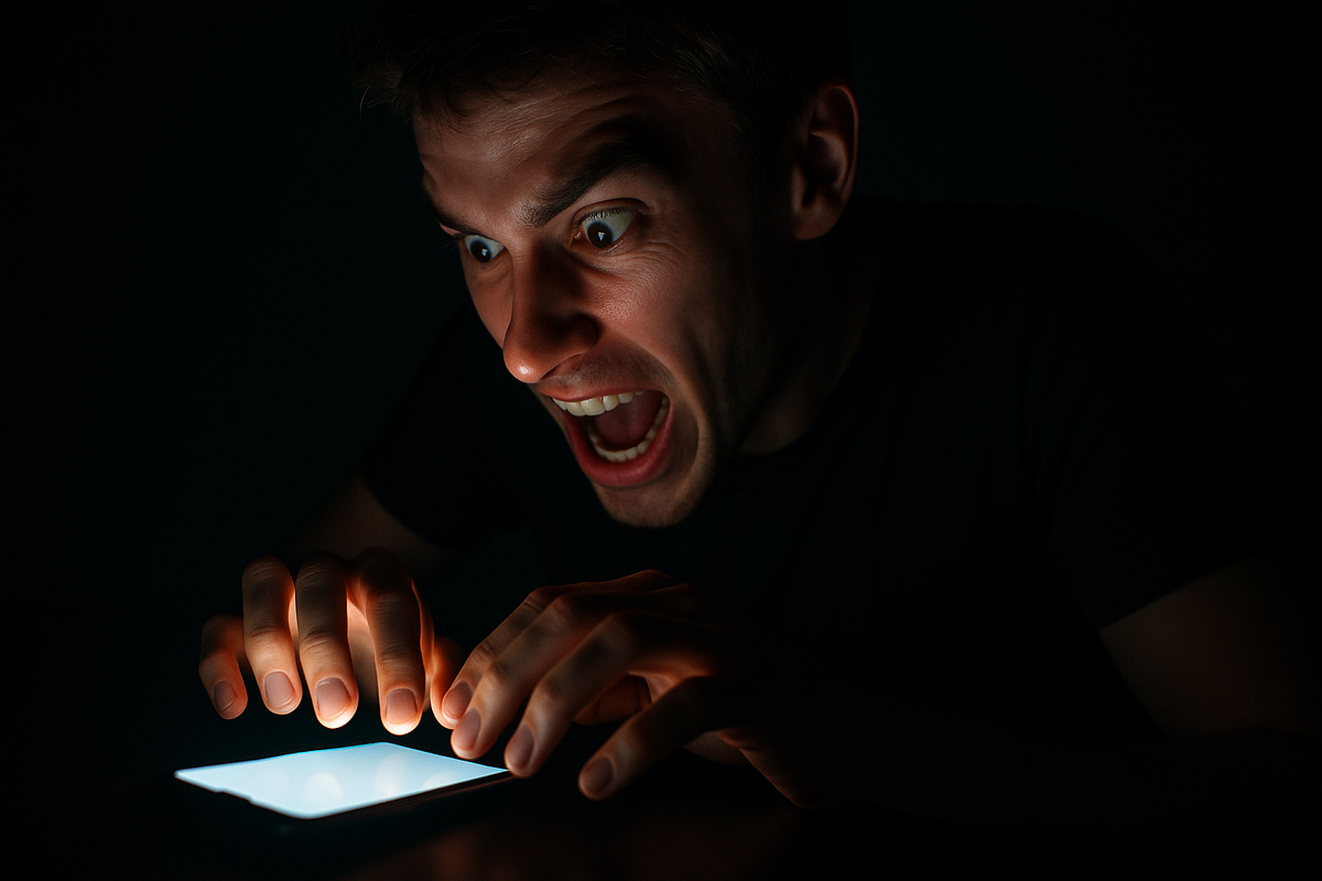 A man intensely focused on his smartphone in the darkness, his face filled with raw excitement and obsession, fingers moving frantically on the glowing screen — capturing the thrill and urgency of digital discovery.