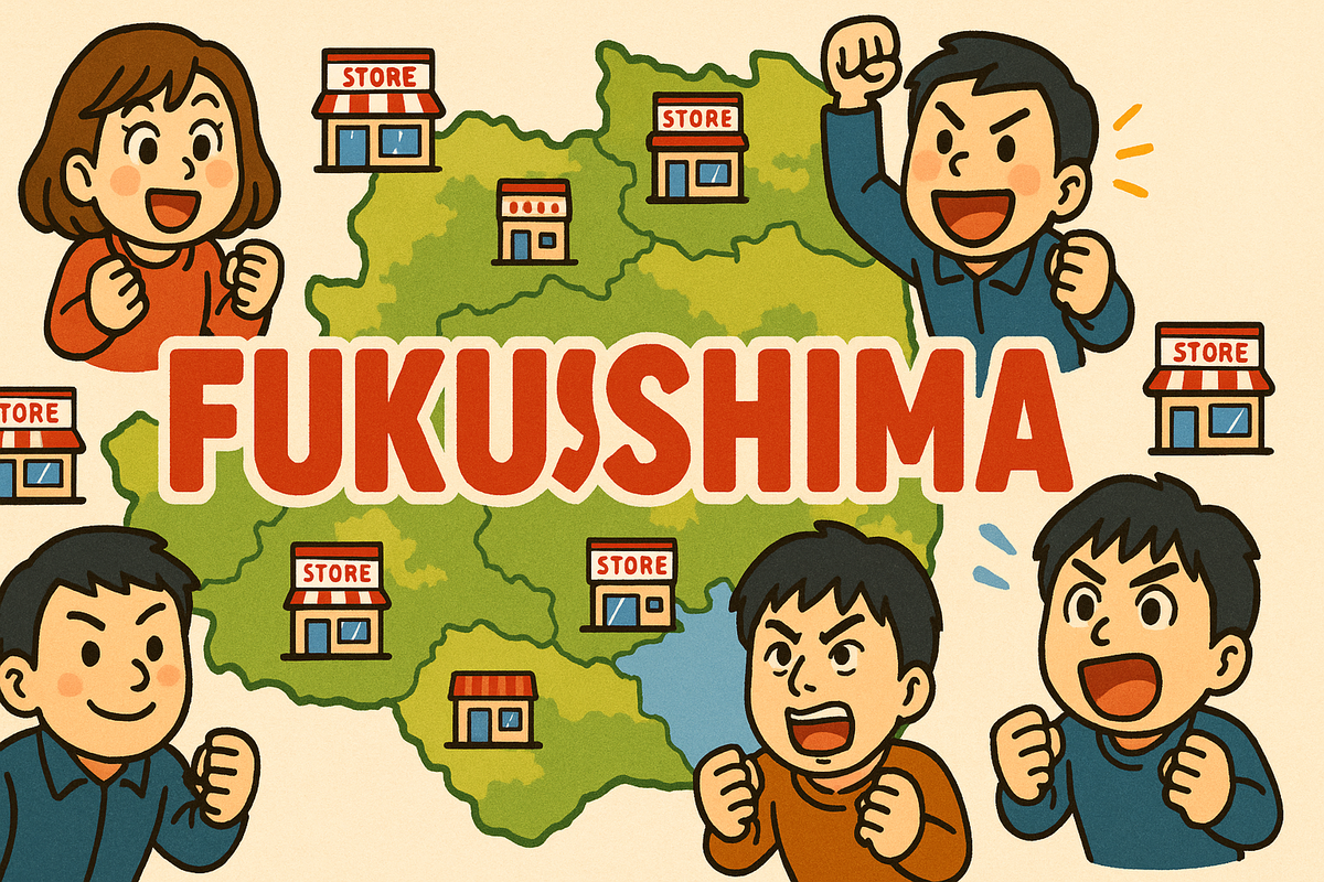 Illustration of joyful and determined people cheering around a colorful map of Fukushima, radiating hope, unity, and excitement for the challenge of finding the newest game console, expressing community spirit, optimism, and vibrant energy.