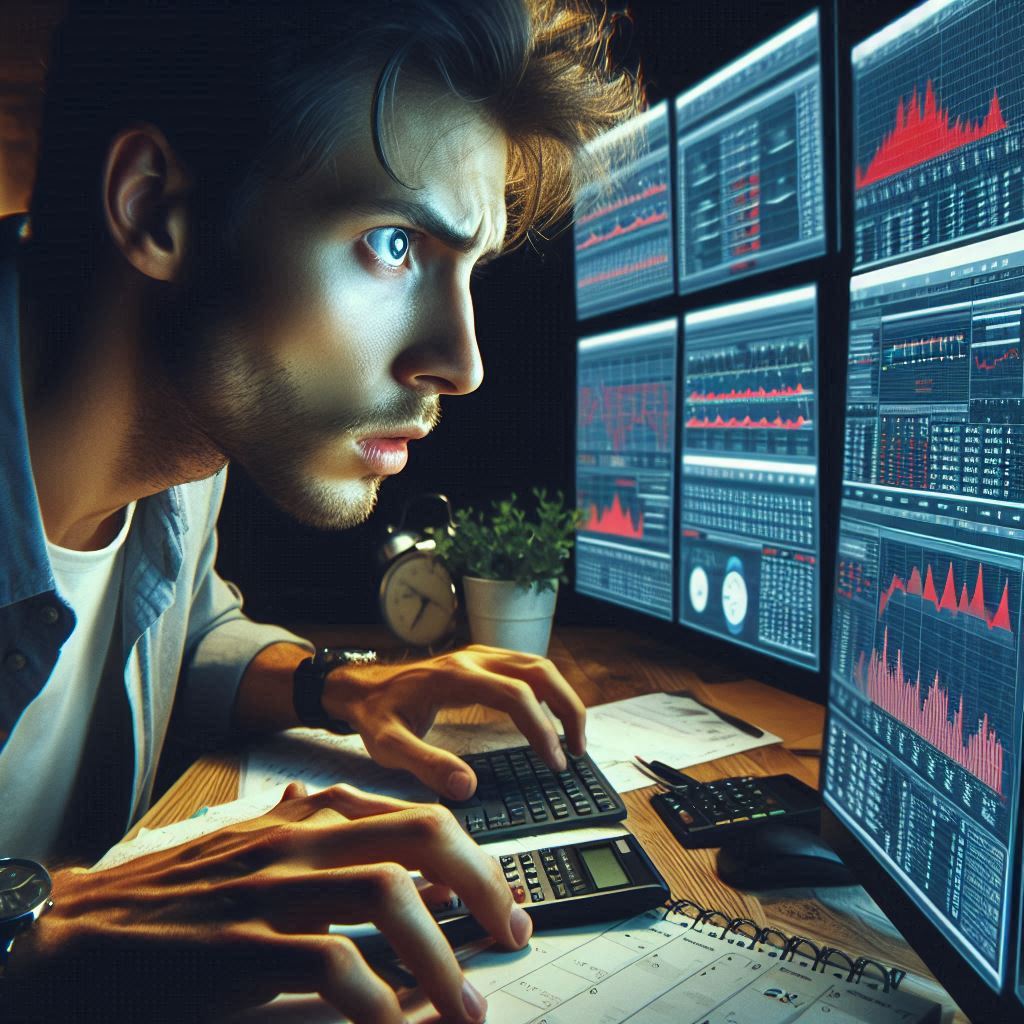 A young man intensely analyzing multiple data screens, face full of urgency, anxiety, and fierce concentration. The atmosphere is tense, filled with anticipation, determination, and the burning hope to seize a fleeting opportunity.