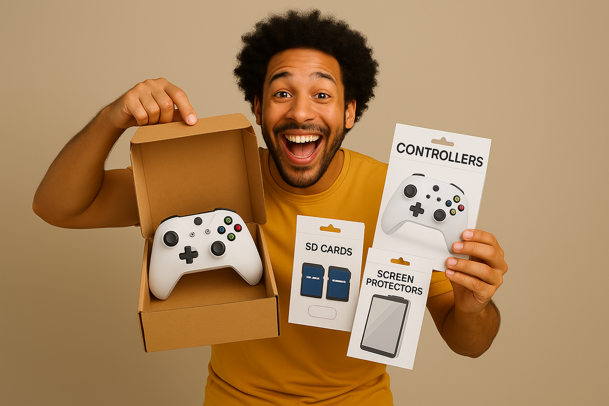 A joyful gamer unboxing essential game accessories like controllers, SD cards, and screen protectors, face bursting with excitement, satisfaction, and the thrill of a perfect gaming setup. The atmosphere radiates happiness, enthusiasm, and a sense of reward.