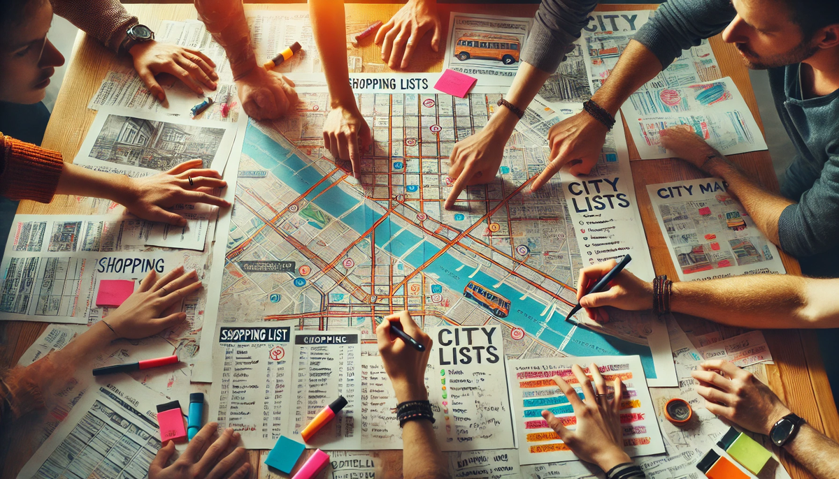 A group of excited people eagerly planning around a table covered with colorful city maps, handwritten shopping lists, and highlighters, their hands pointing and writing with energy, capturing the thrill of teamwork, curiosity, and discovery