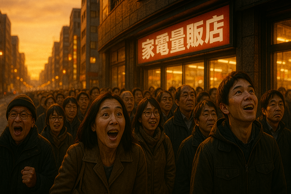 A crowd of hopeful and excited people gathered in front of a Japanese electronics store at sunrise, their faces glowing with anticipation, joy, and wonder, capturing the emotional energy of a once-in-a-lifetime shopping moment