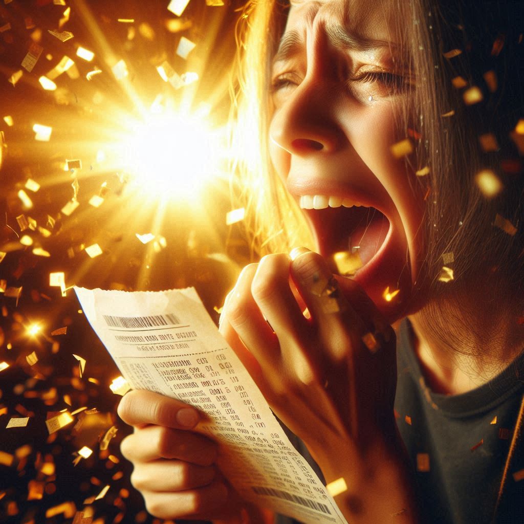 A woman bursts into tears of joy, overwhelmed by the golden glow and falling confetti as she clutches her winning ticket, capturing a once-in-a-lifetime moment of disbelief, triumph, and emotional release