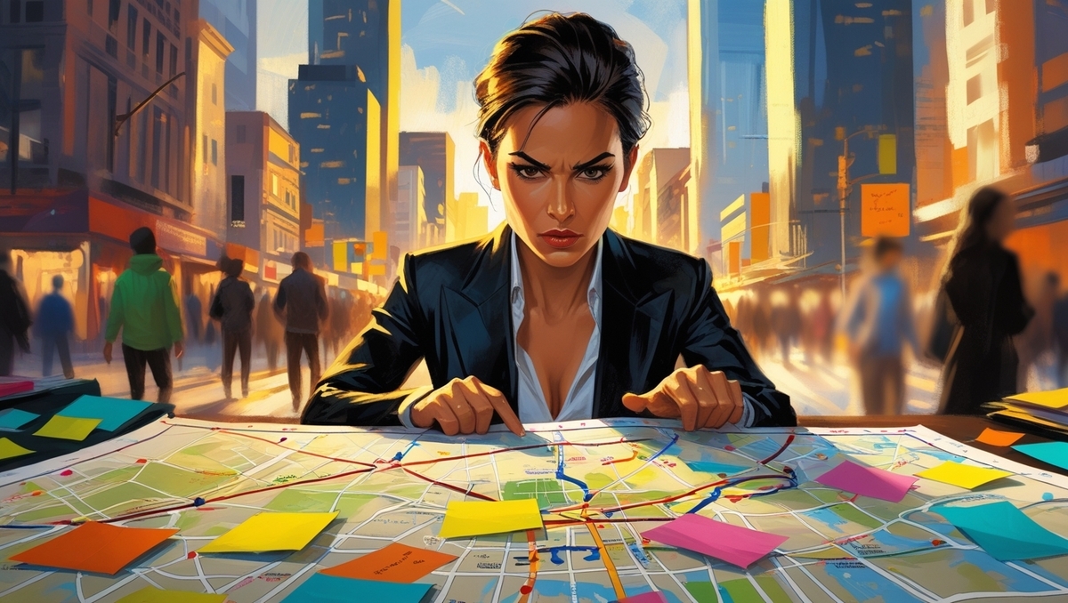 A determined woman plans her next move, fiercely focused over a colorful city map covered in sticky notes, surrounded by the vibrant energy of the city, radiating ambition, resolve, and the thrill of the hunt