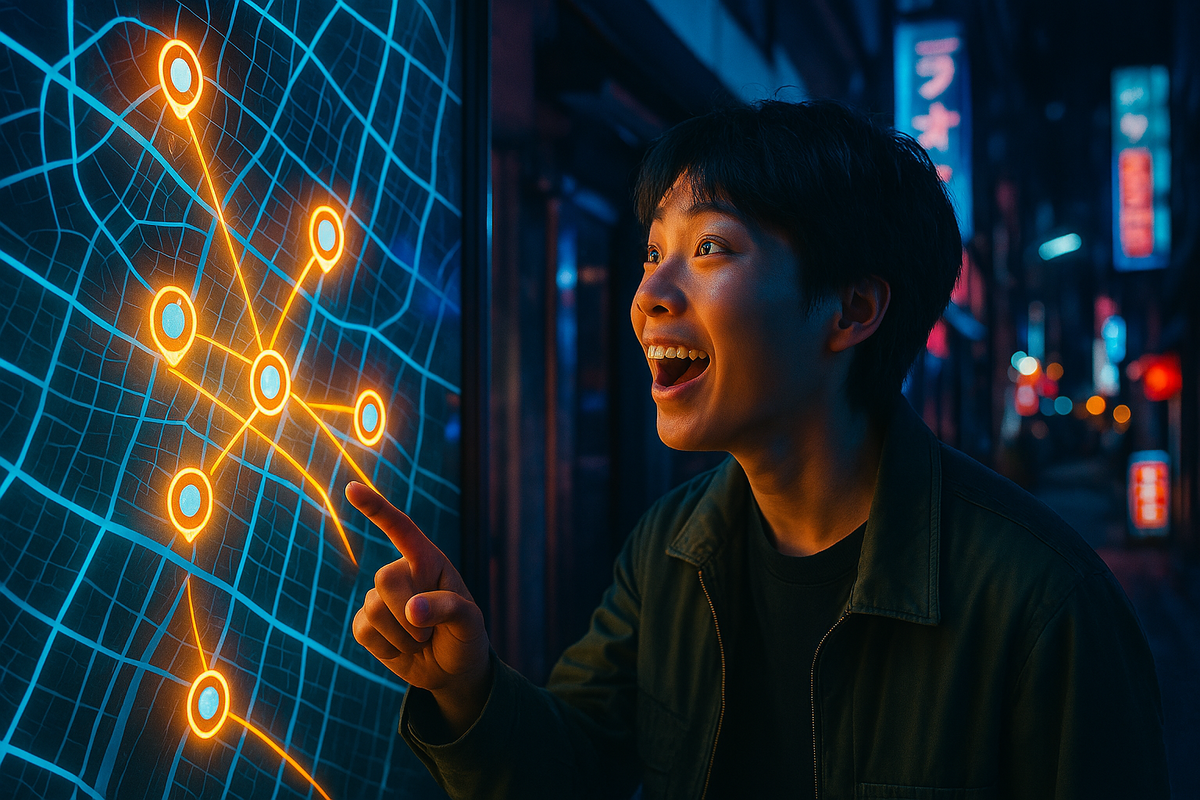 A young person lights up with excitement and wonder while exploring a glowing city map at night, their face filled with curiosity, hope, and the thrill of new possibilities