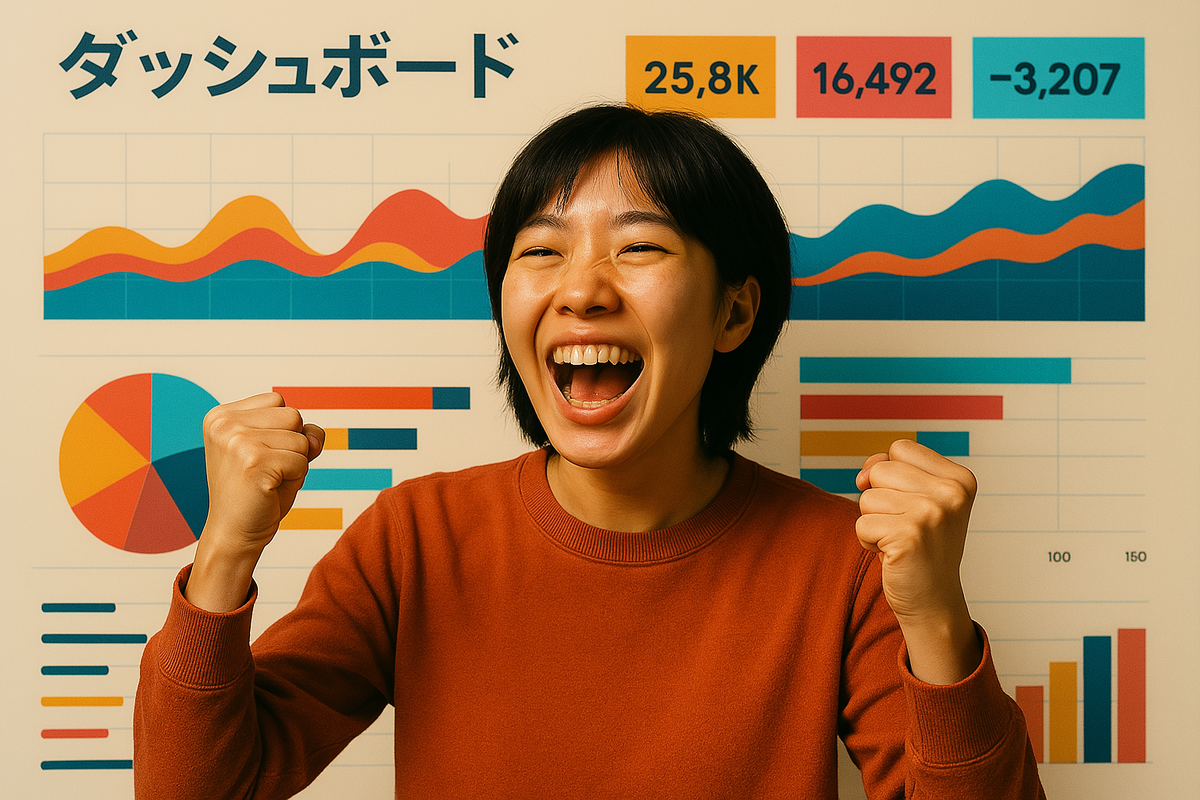 A joyful woman celebrates her breakthrough in front of a colorful dashboard filled with rising charts and vibrant data, radiating pride, excitement, and hope for the future