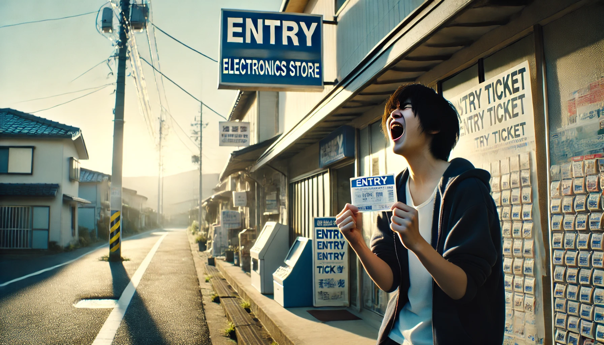 A young Japanese gamer stands outside a rural electronics store at sunrise, shouting with excitement and hope as they hold an entry ticket. The dramatic light, quiet street, and emotional expression evoke a powerful sense of anticipation, relief, and the thrill of chasing dreams in small-town Japan.