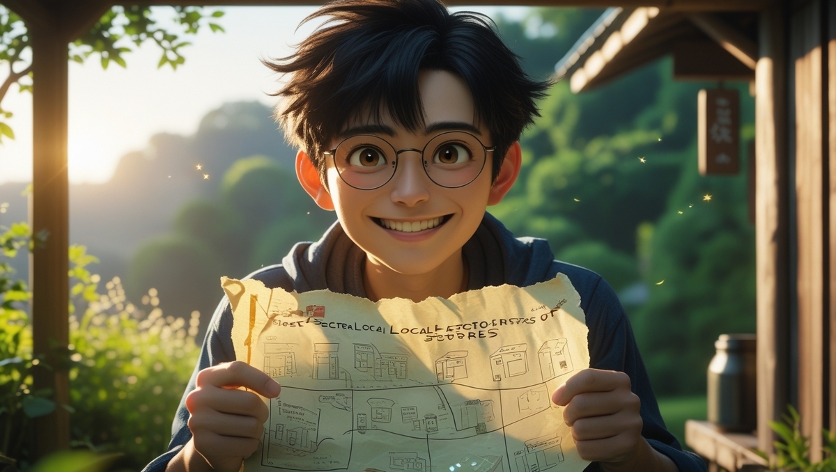 A bright-eyed Japanese gamer beams with excitement and hope as he holds up a hand-drawn treasure map in a sunlit rural village. The gentle morning light, lush greenery, and pure smile evoke a sense of discovery, wonder, adventure, and the magic of chasing dreams in the countryside.