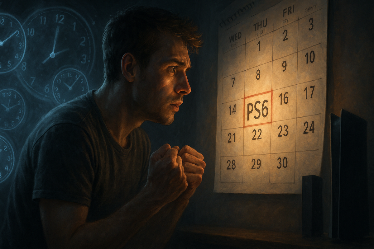 A tense and emotional moment as a hopeful gamer, illuminated by the warm glow of a calendar, anxiously counts down the days to the mysterious PS6 release. Anticipation, suspense, hope, and passion fill the scene, with swirling clocks in the background symbolizing the emotional wait and restless excitement for the next generation. An atmosphere of longing, dreams, and heart-pounding desire for the future of gaming.