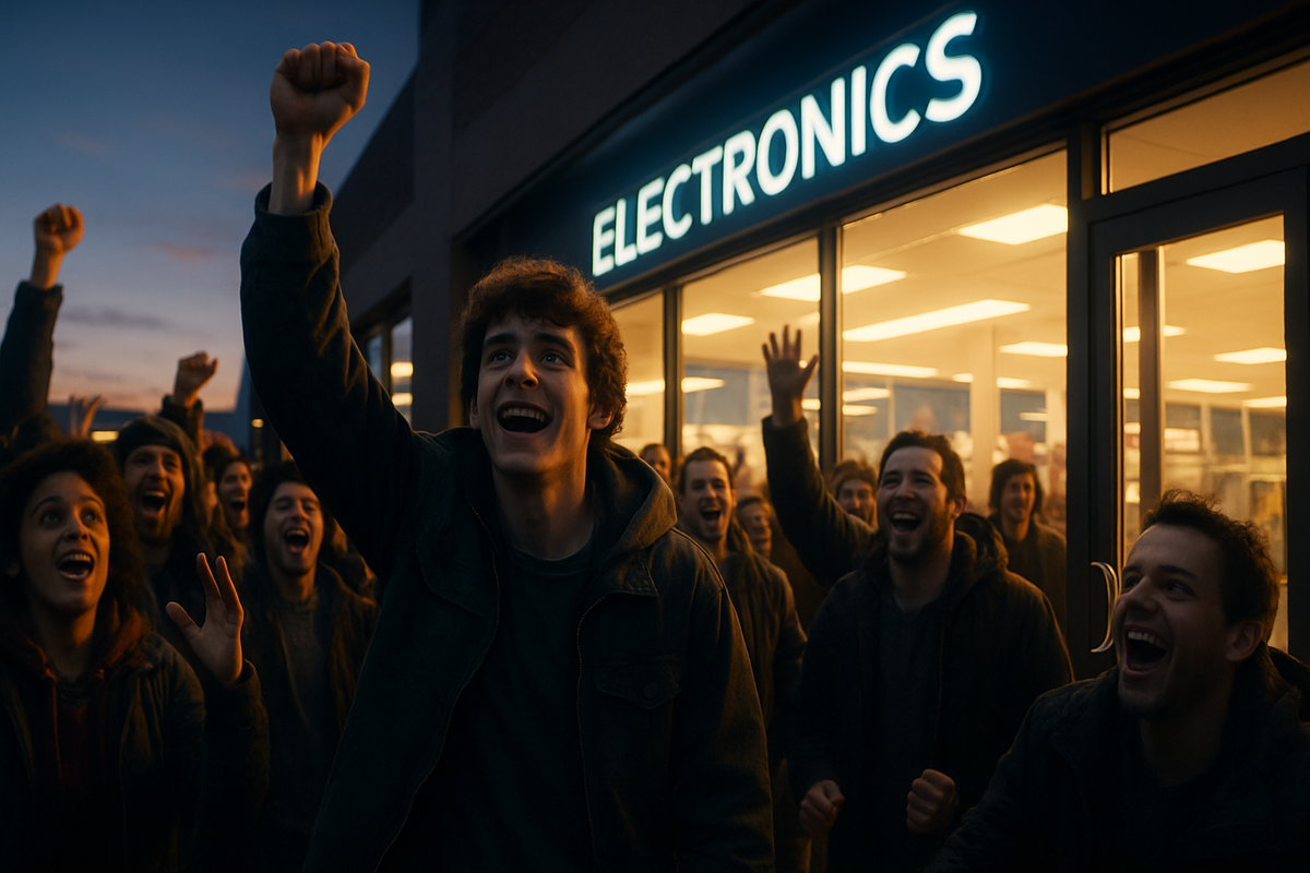 A jubilant crowd erupts in celebration outside a glowing electronics store at dawn, with faces full of hope, excitement, and the thrill of new beginnings—capturing the powerful emotional energy and collective anticipation of a game-changing moment in the gaming world.