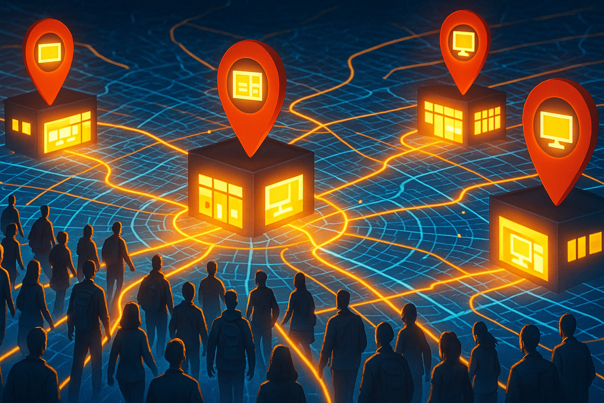 Hopeful crowds moving along glowing city paths toward highlighted electronics stores with bright map pins, radiating a sense of excitement, determination, and the electrifying promise of opportunity—capturing the rush and strategic thrill of chasing the next big thing in gaming.