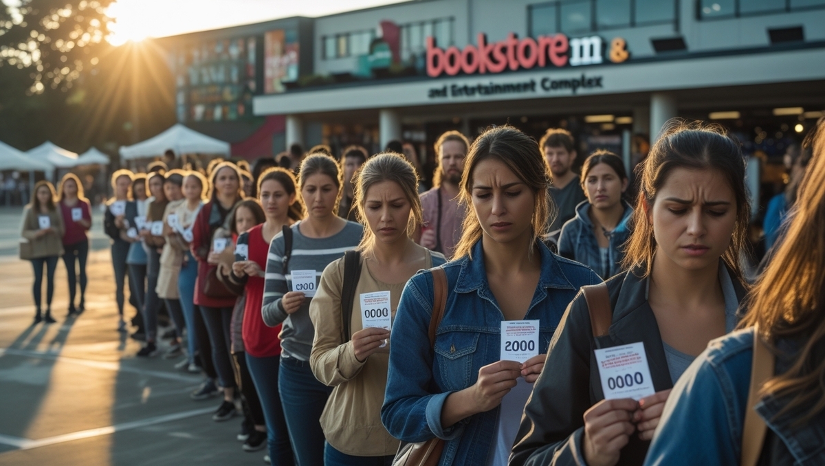 A long line of determined shoppers holding numbered tickets outside a large bookstore complex at sunrise, their faces full of tension and anticipation. The morning sunlight casts a warm, hopeful glow, capturing the collective excitement and anxious hope for a rare product release.