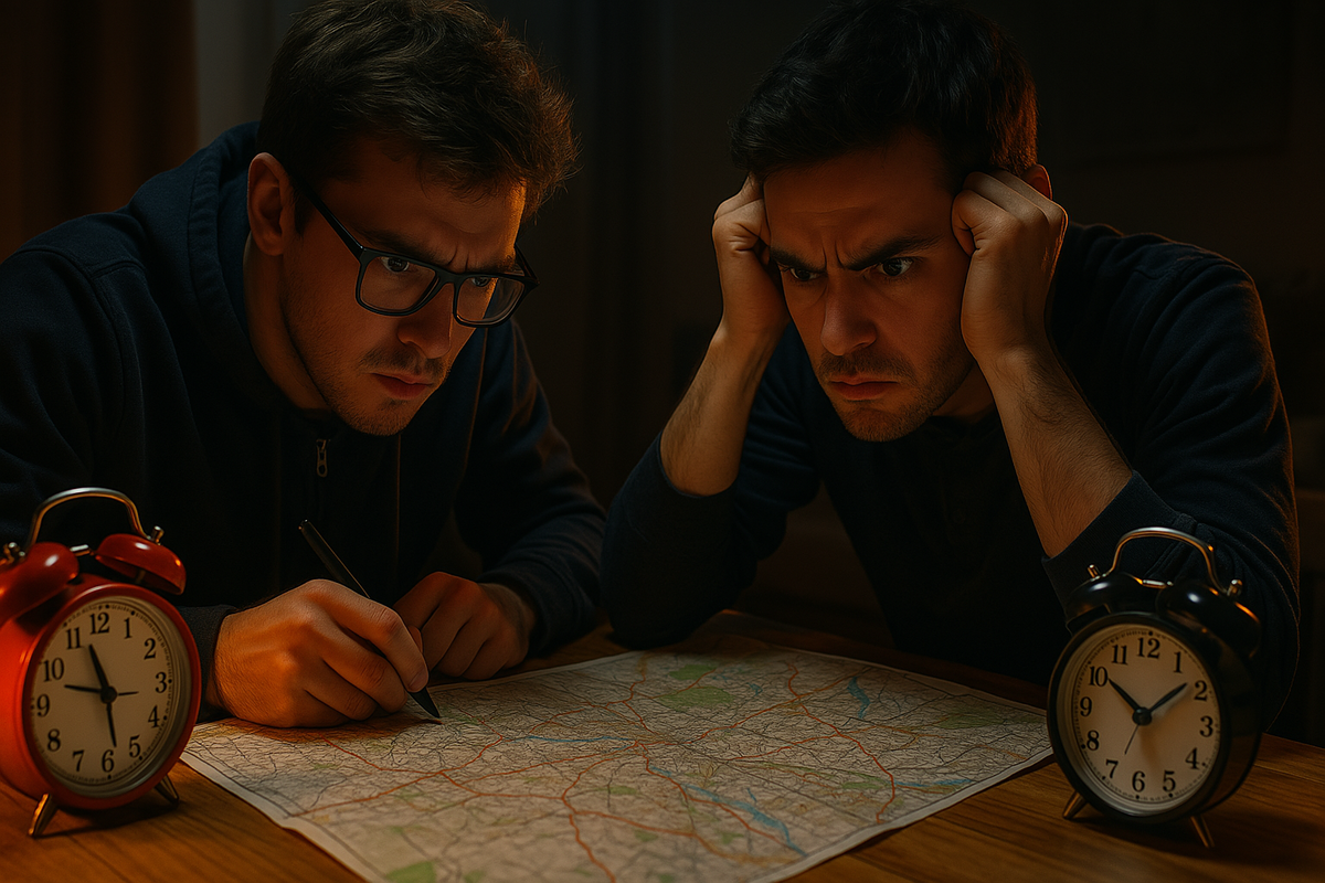 Two intensely focused men strategizing late at night, tension and urgency on their faces as they plan their route, surrounded by glowing vintage clocks, capturing anticipation and dedication.