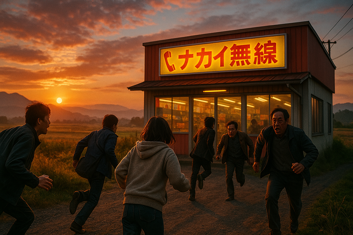A group of passionate shoppers racing toward a small countryside electronics store at sunrise, the sky glowing with hope and excitement, faces filled with urgency and anticipation, surrounded by golden fields, capturing the thrill and tension of a once-in-a-lifetime discovery moment in rural Japan